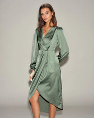 Green Satin Ruched Midi Dress