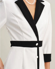 White Contrasting V Neck Button Midi Dress