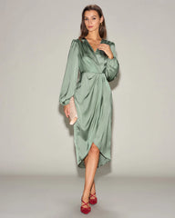 Green Satin Ruched Midi Dress