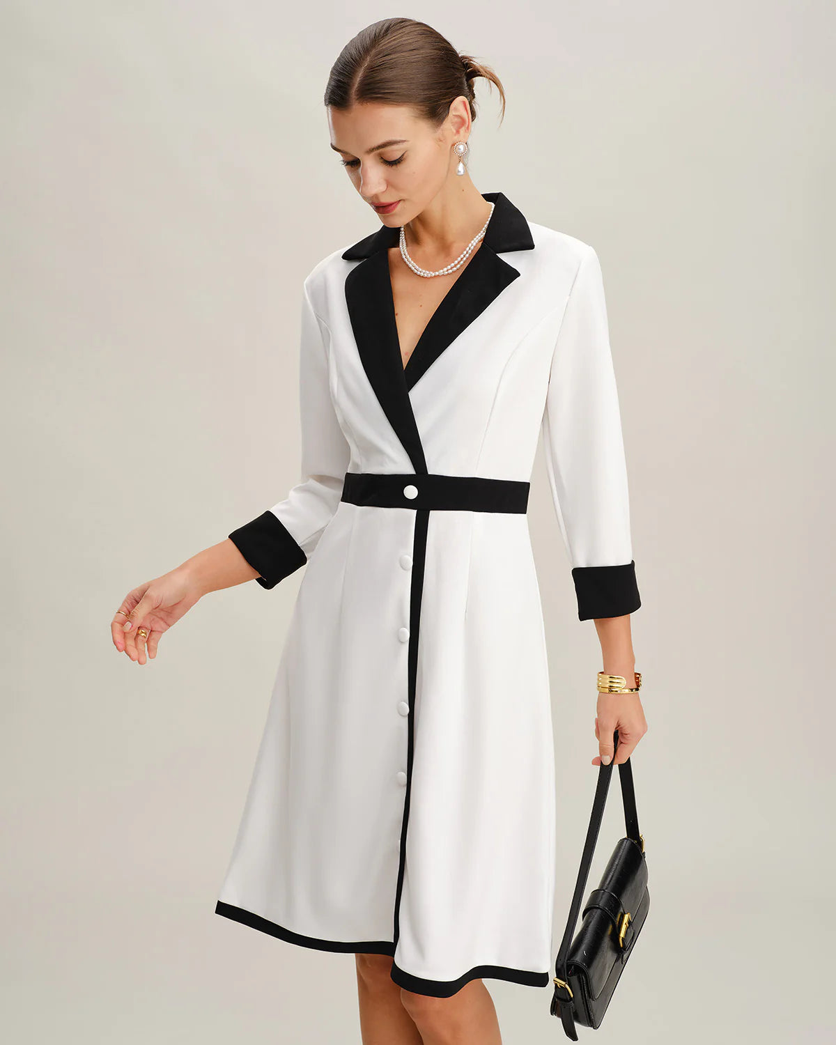 White Contrasting V Neck Button Midi Dress